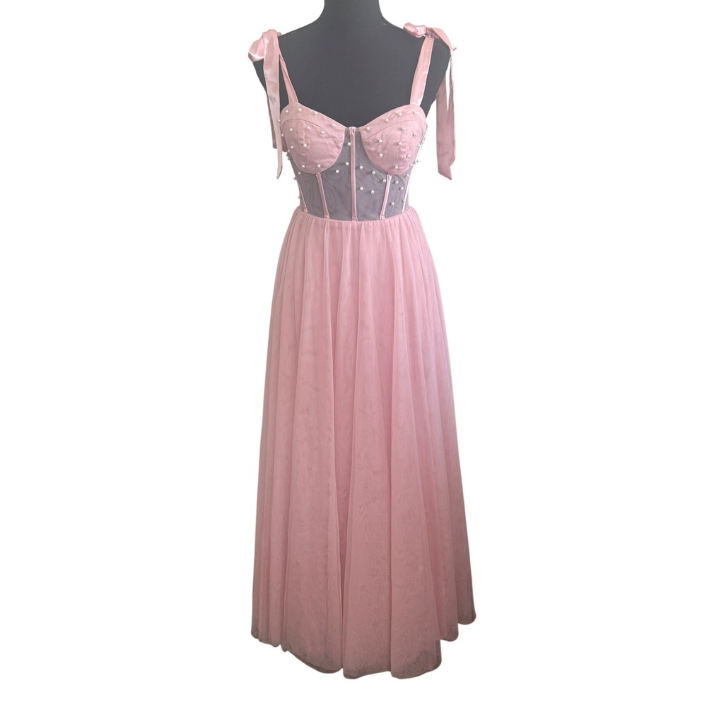 City Studio Pink Tulle Pearl Corset Maxi Dress Gown Size 1/2 Prom Quinceanera